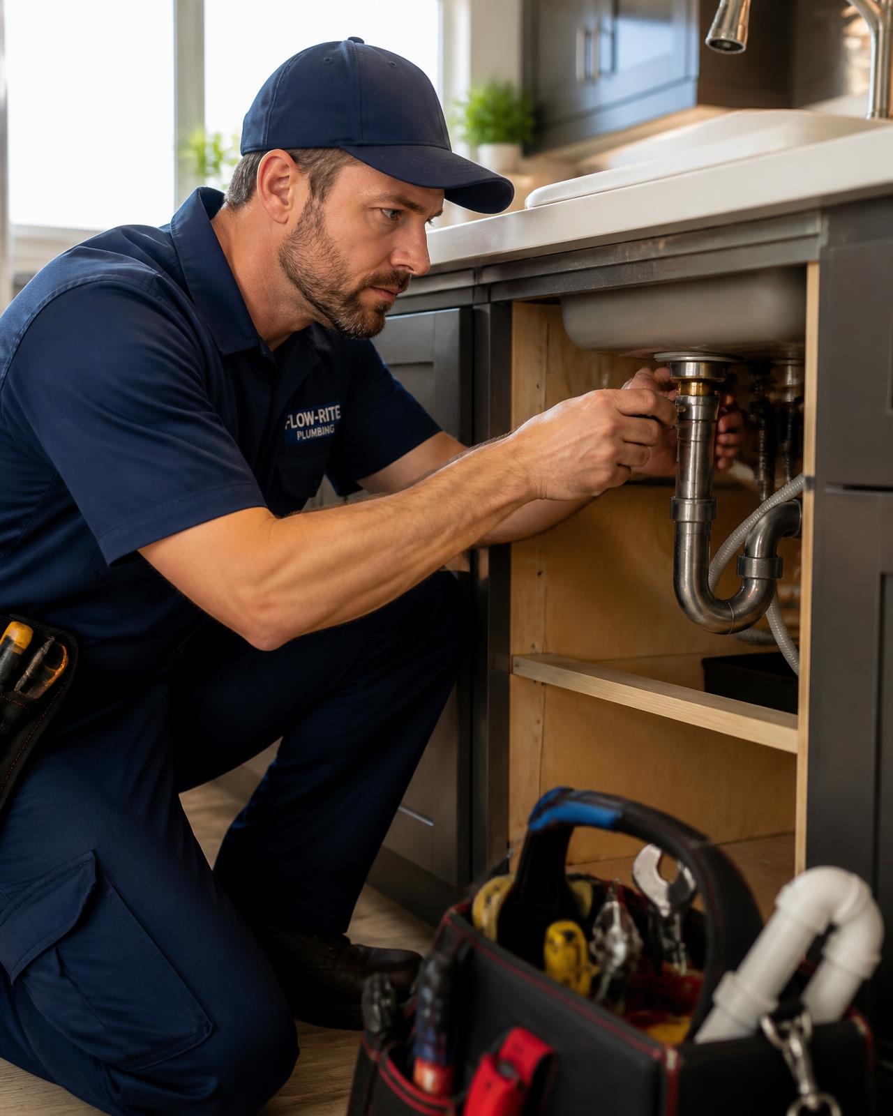 "Demo" Plumbing technician repairing a kitchen sink drain