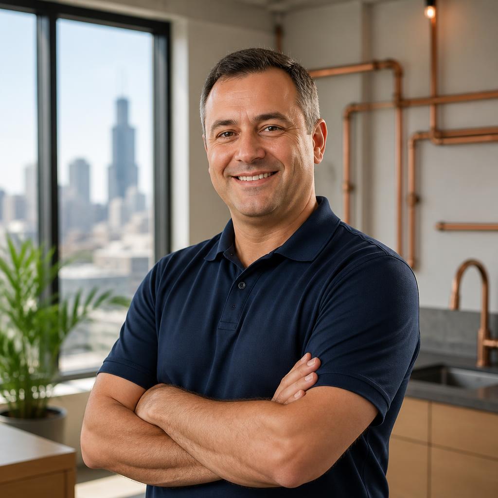 John Doe, owner of "Demo" Plumbing, smiling in a navy polo with the Chicago skyline behind him